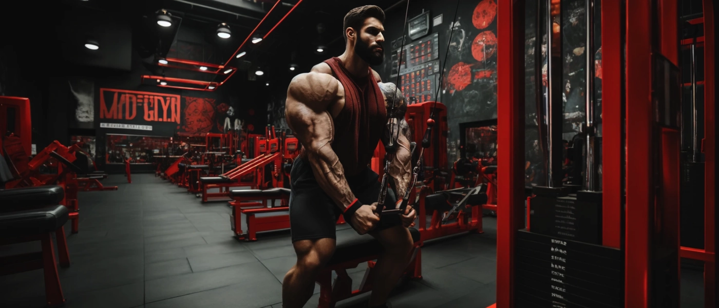 resize DALL·E 2024 05 16 20.11.17 A hardcore bodybuilder with an extremely muscular physique performing a side tricep press on a cable machine in a gym named MAD GYM 1BG1400