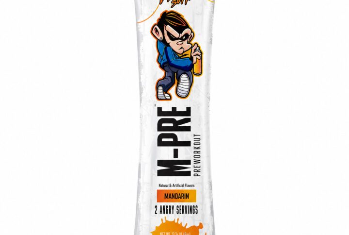 Preworkout bar wrapper with a cartoon monkey, bold 'MORE-PREWORKOUT' text, Mandarin flavor on white packaging.