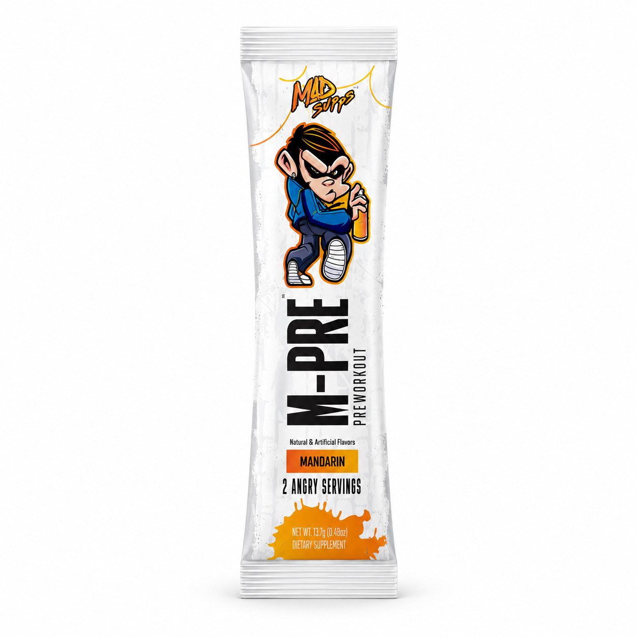 M-PRE Pre Workout Sample | Mad Supps Preworkout bar wrapper with a cartoon monkey, bold 'MORE-PREWORKOUT' text, Mandarin flavor on white packaging.