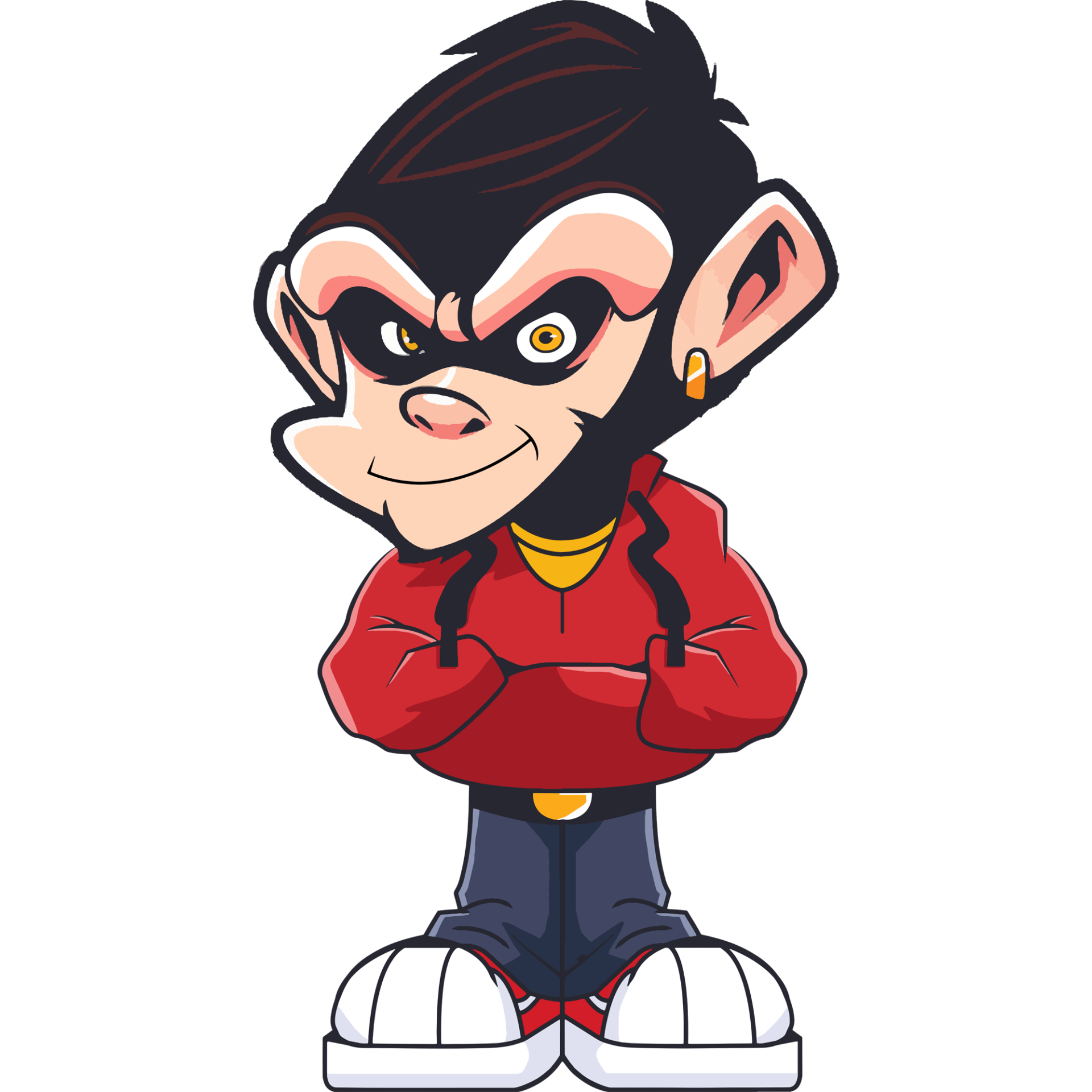 Playful cartoon monkey character wearing a red hoodie with arms crossed.
