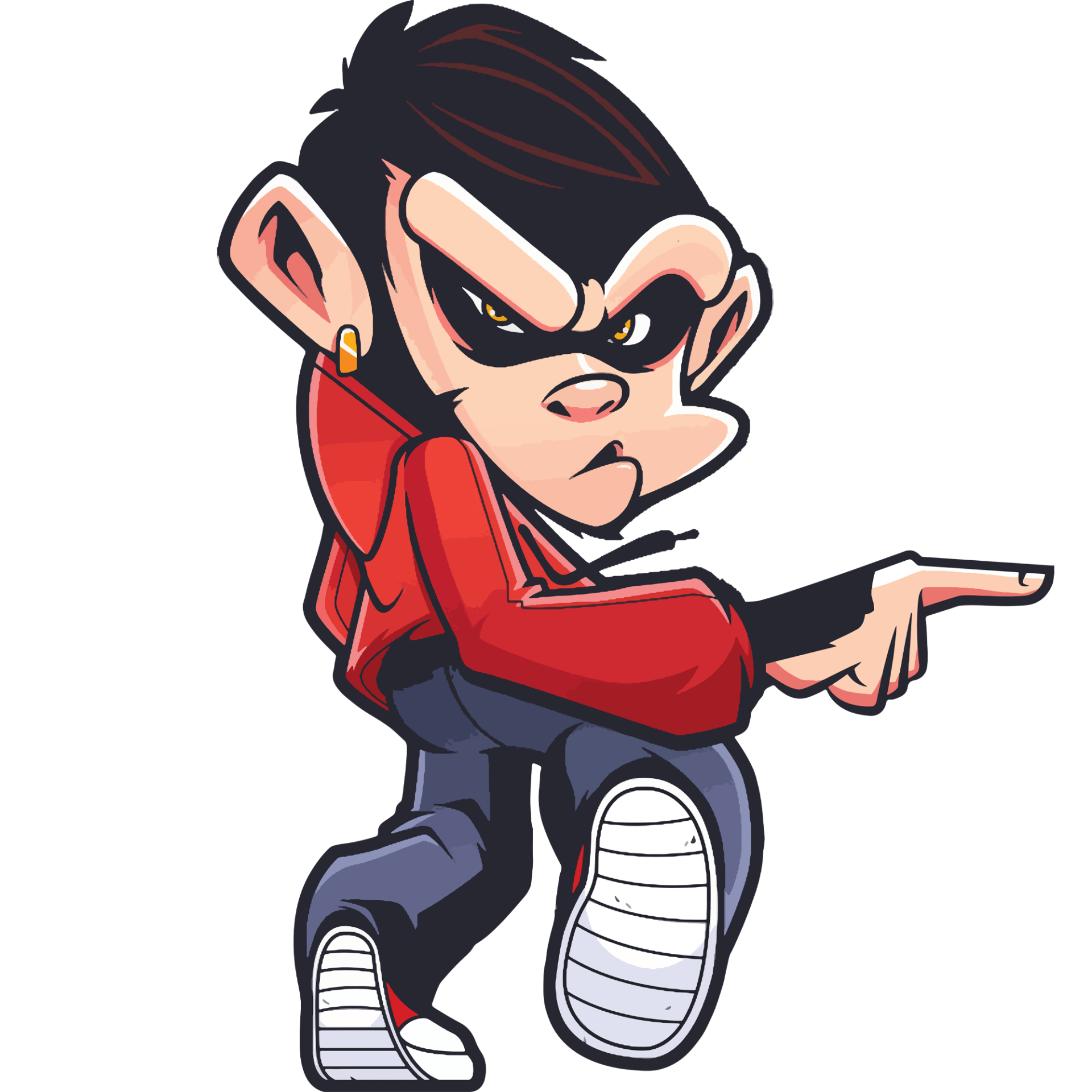 Cartoon monkey wearing a red hoodie/scarf, pointing forward with a determined expression.