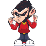 Angry cartoon character with dark hair, fists raised, wearing a red hoodie and blue pants.
