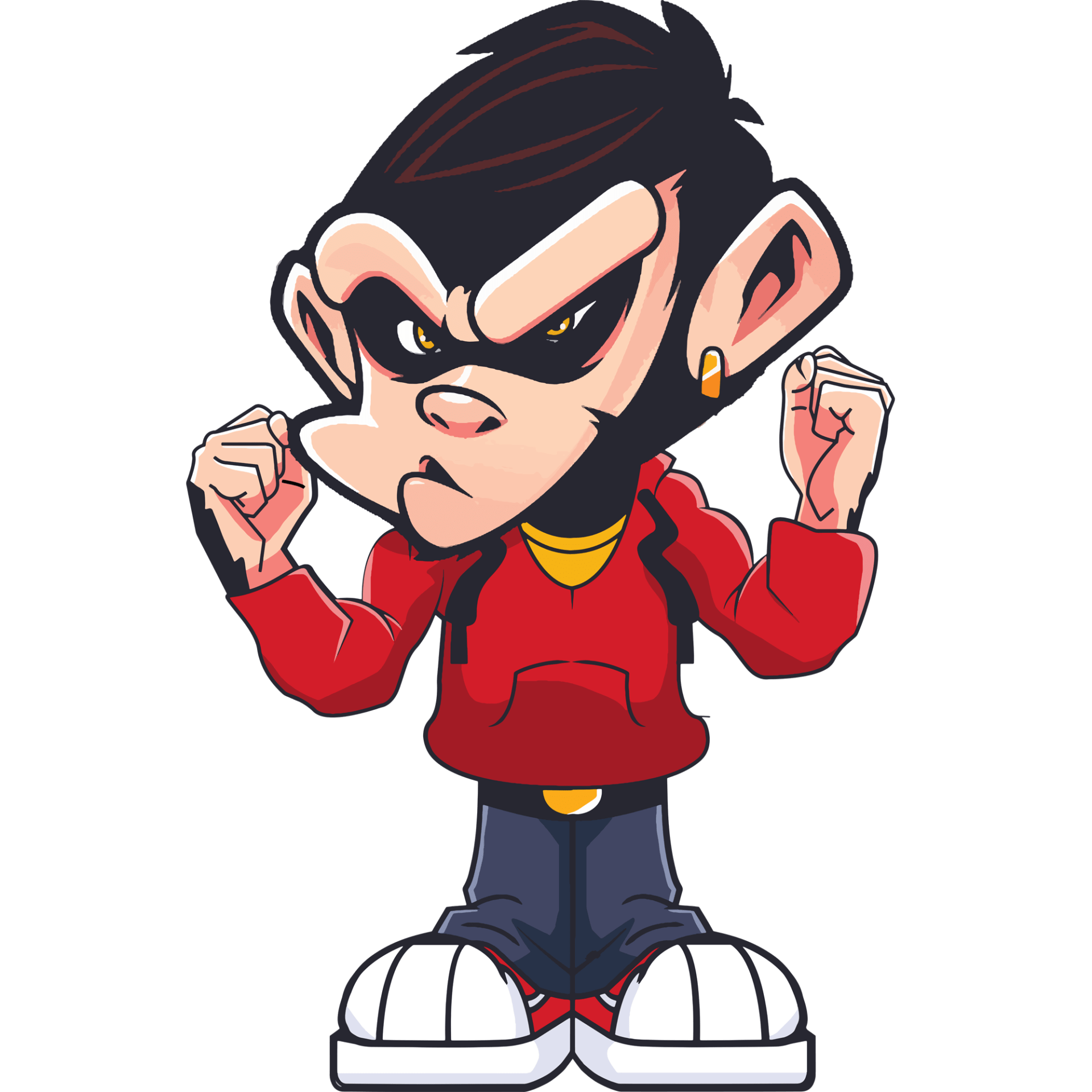 Angry cartoon character with dark hair, fists raised, wearing a red hoodie and blue pants.