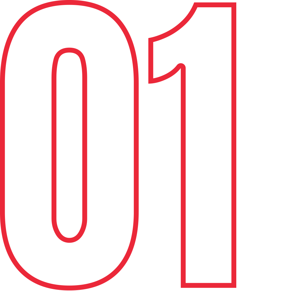Large red-outlined digits forming the number 01 on a green background with a bold stroke, serving as a step indicator (01).