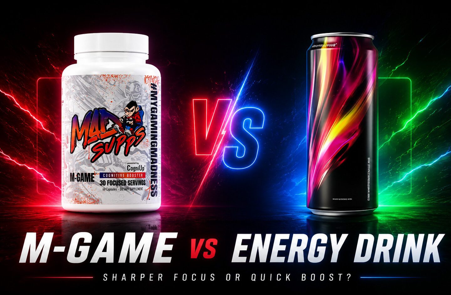 M-Game vs energy drink comparison featuring M-Game cognitive booster bottle and energy drink can on a neon RGB background