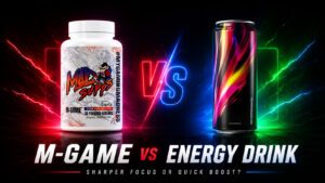 M-Game vs energy drink comparison featuring M-Game cognitive booster bottle and energy drink can on a neon RGB background